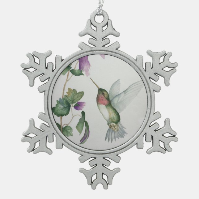 Elegant Hummingbird Flower Snowflake Ornament (Front)
