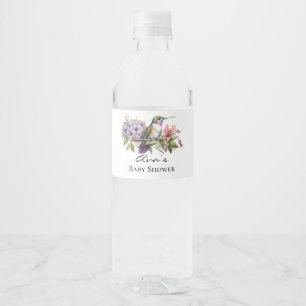 Elegant Hummingbird Purple Floral Girl Baby Shower Water Bottle Label