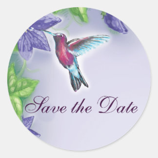 elegant hummingbird purple flowers wedding classic round sticker