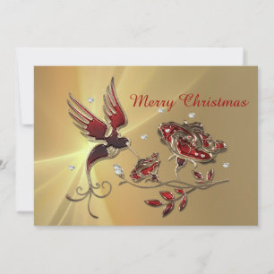 Elegant Hummingbird Red Floral Christmas Flat Holiday Card