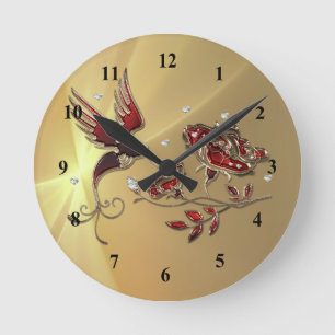 Elegant Hummingbird Red Floral Graphic Round Clock
