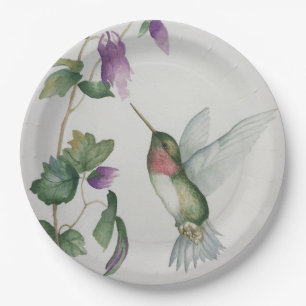 Elegant Hummingbird Watercolor Cream Pink Flower Paper Plate