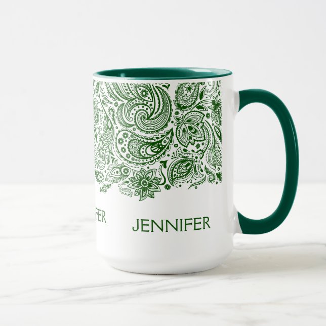 Elegant Hunter Green And White Paisley Mug (Right)