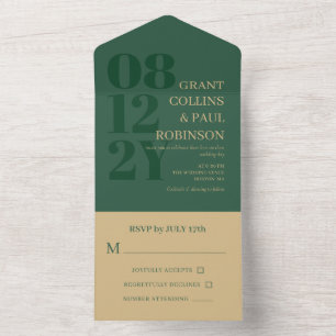 Elegant Hunter Green & Tan Typography Wedding All In One Invitation