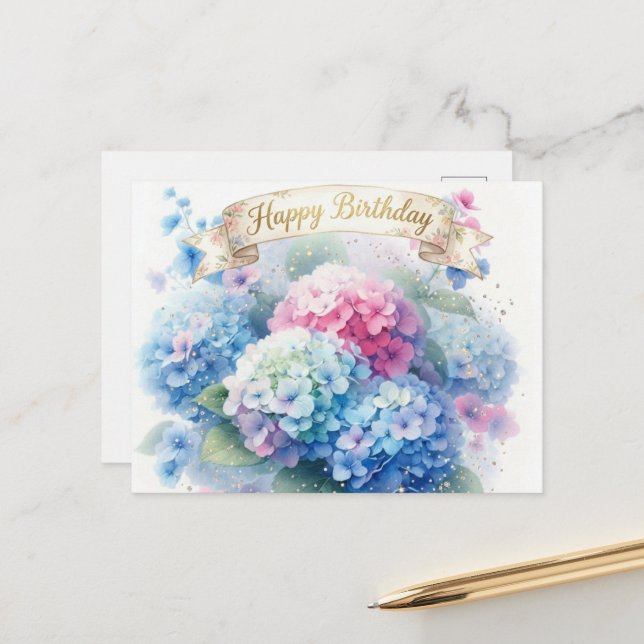 Elegant Hydrangea Blooms Happy Birthday Postcard (Front/Back In Situ)