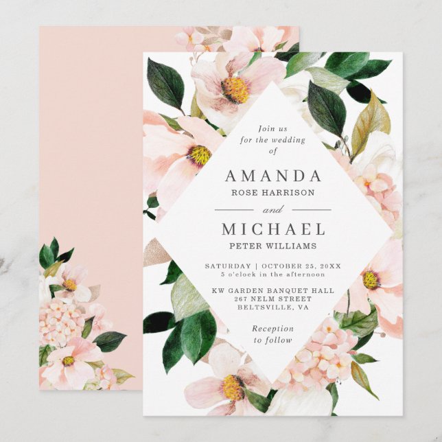 Elegant Hydrangea Blush Pink Floral Wedding Invitation (Front/Back)