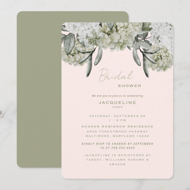 Elegant Hydrangea Blush & Sage Rounded Shower Invitation (Front/Back)