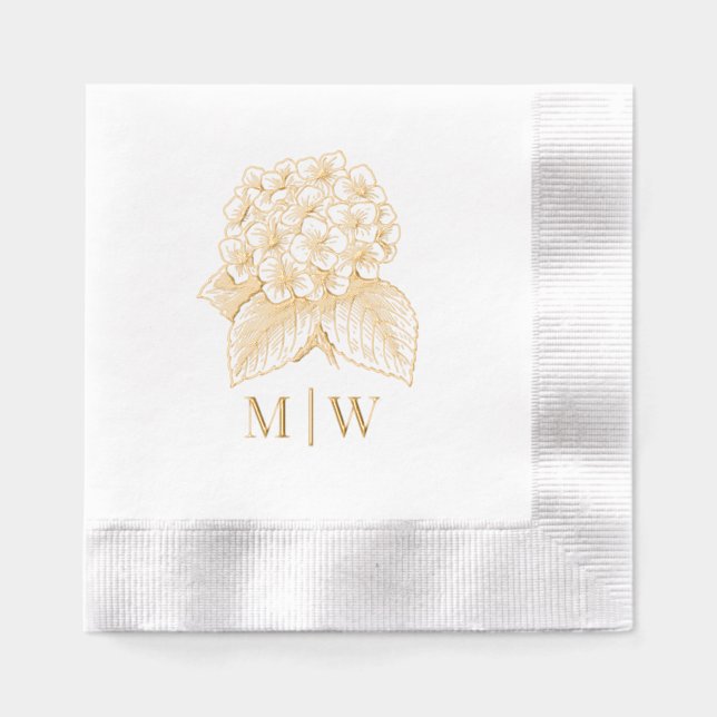 Elegant Hydrangea Bouquet Wedding Couple Initials Foil Napkins (Front)
