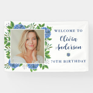 Elegant Hydrangea Custom Photo 70th Birthday Party Banner