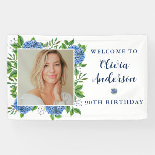 Elegant Hydrangea Custom Photo 90th Birthday Party Banner