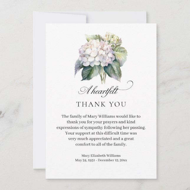 Elegant Hydrangea Floral Funeral Thank You Card (Front)