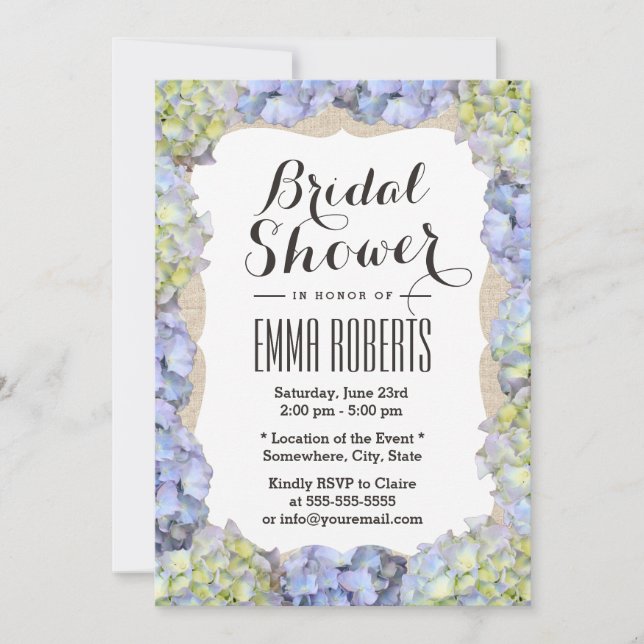 Elegant Hydrangea Flowers Burlap Bridal Shower Invitation (Front)