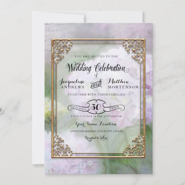Elegant Hydrangea Flowers Lavender Purple Gold Invitation (Front)