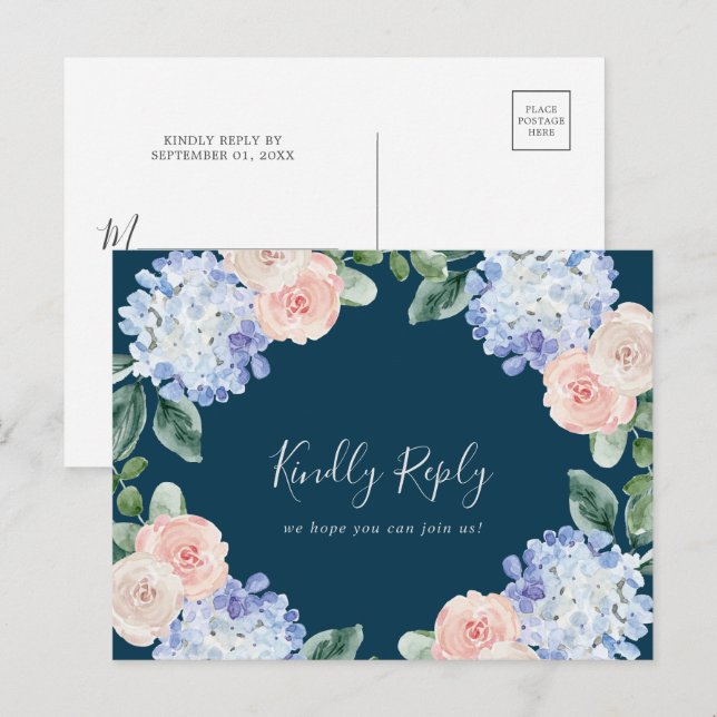 Elegant Hydrangea Navy Song Request RSVP Postcard (Front/Back)