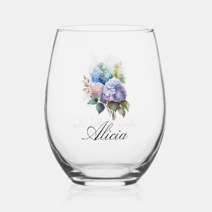 Elegant Hydrangea Personalize Stemless Wine Glass