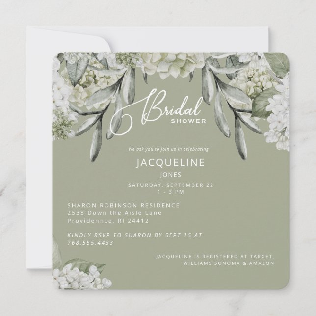 Elegant Hydrangea Sage Bridal Shower Invitation (Front)