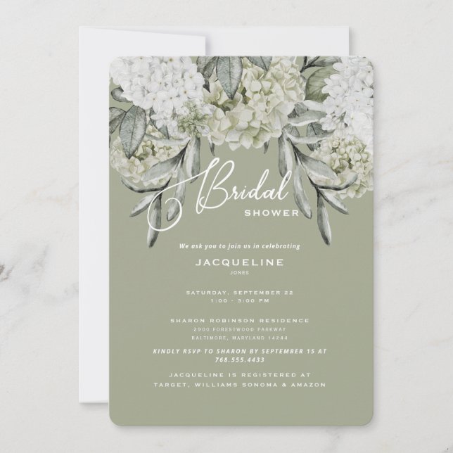 Elegant Hydrangea Sage Rounded Bridal Shower Invitation (Front)