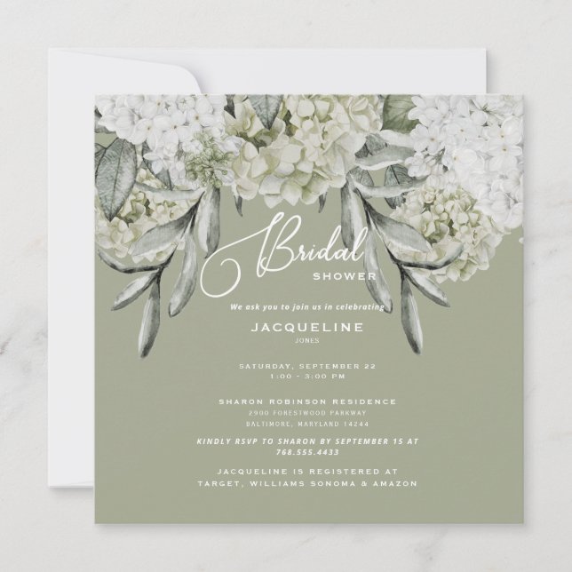 Elegant Hydrangea Sage Square Bridal Shower Invitation (Front)