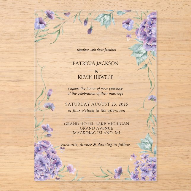 Elegant Hydrangea Watercolor Floral Wedding Acrylic Invitations (Front)