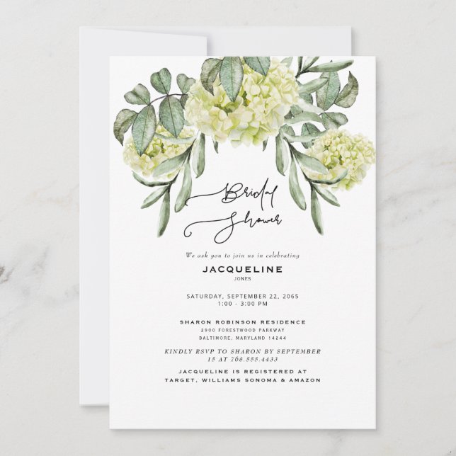 Elegant Hydrangea White Bridal Shower Invitation (Front)