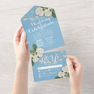 Elegant Hydrangeas String Lights Blue Wedding RSVP All In One Invitation