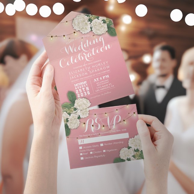 Elegant Hydrangeas String Lights Pink Wedding RSVP All In One Invitation (Creator Uploaded)