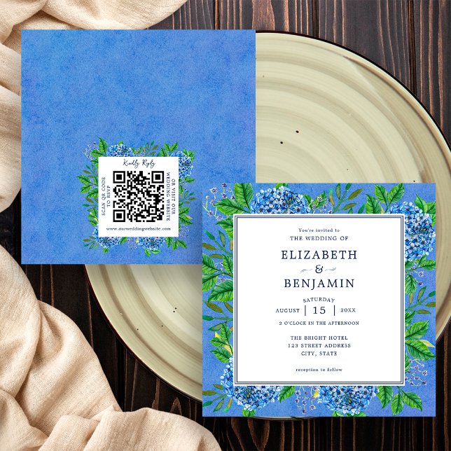 Elegant Hydrangeas Wedding Invitation With QR Code (Front / Back)