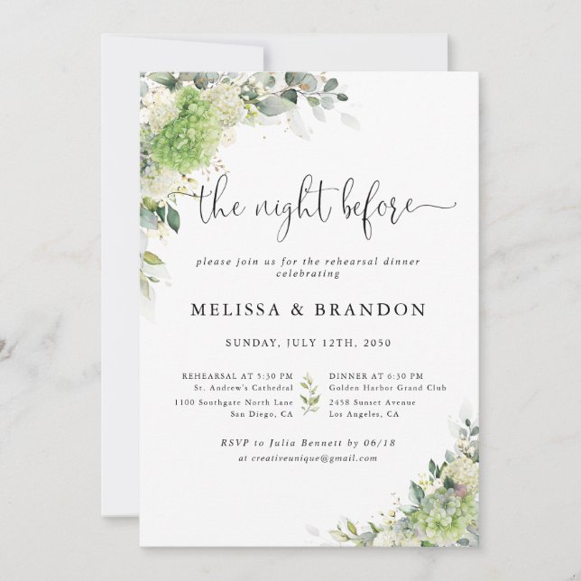Elegant Hydrangeas Wedding The Night Before  Invitation (Front)
