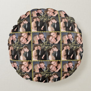 Elegant I Love You Gold Photo Collage Calligraphy Round Pillow