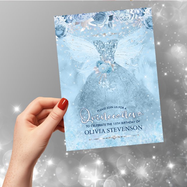 Elegant ice blue glitter floral gown Quinceanera Invitation (Creator Uploaded)