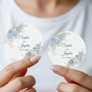 Elegant Ice Blue Ivory Rose Flowers Wedding Classic Round Sticker