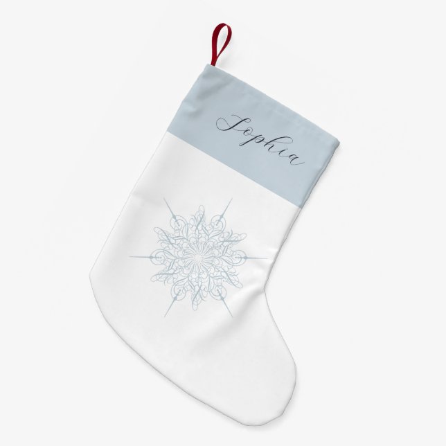 Elegant Ice Blue Snowflake Name Small Christmas Stocking (Front (Hanging))