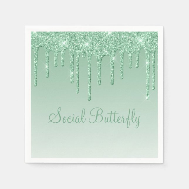 Elegant Ice Green Glitter Script Sparkle Modern Napkin (Front)