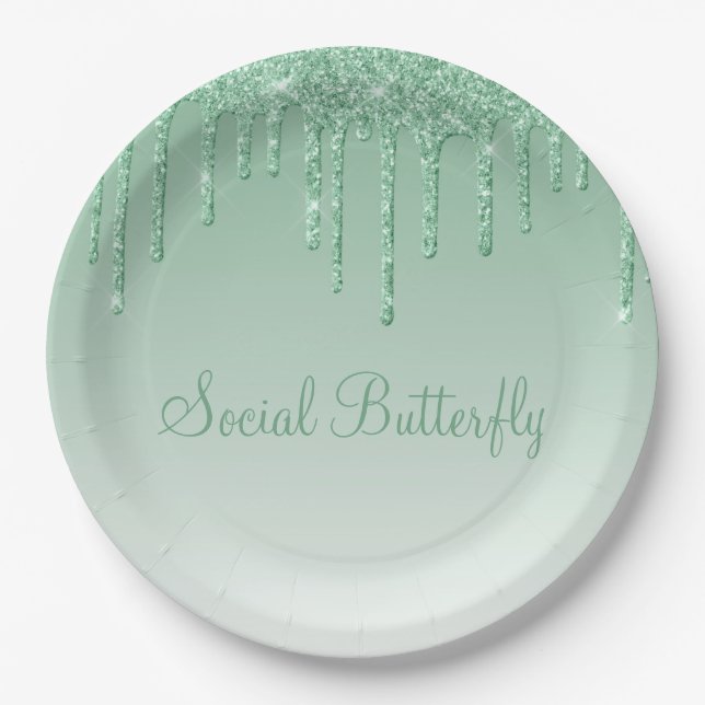 Elegant Ice Green Glitter Script Sparkle Modern Paper Plate (Front)