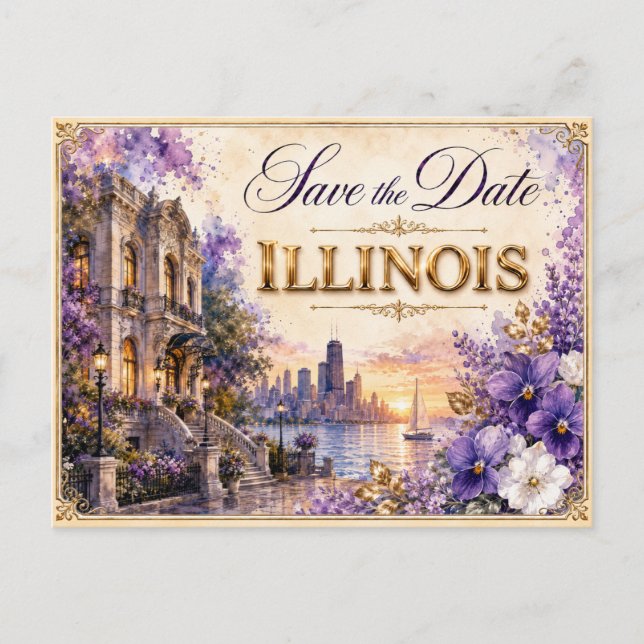 Elegant Illinois Save the Date Wedding Invitation Postcard (Front)