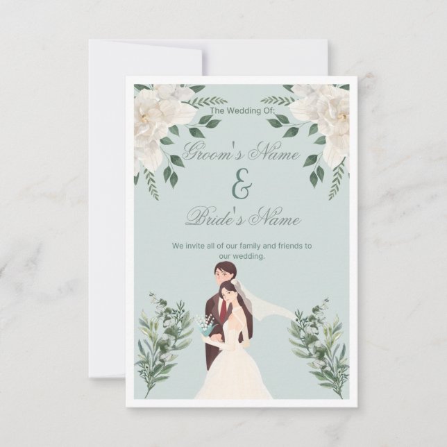 Elegant Illustrated Bride & Groom Wedding  Invitation (Front)