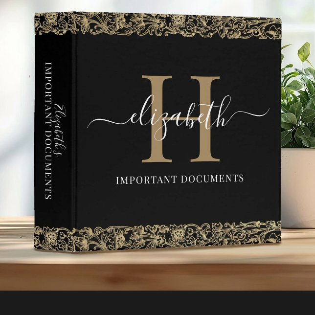 Elegant Important Documents Estate Planning Binder (An elegant monogram black and gold important documents estate planning binder.)