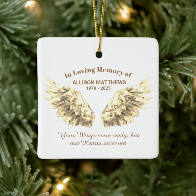 Elegant in Loving Memory Gold Wings Memorial Ceramic Ornament (Tree)