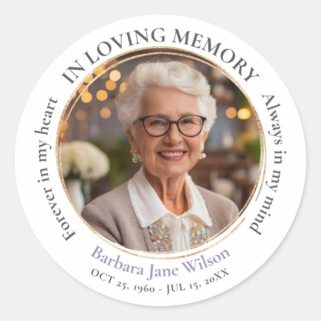 Elegant In Loving Memory Memorial Funeral  Classic Round Sticker (Front)