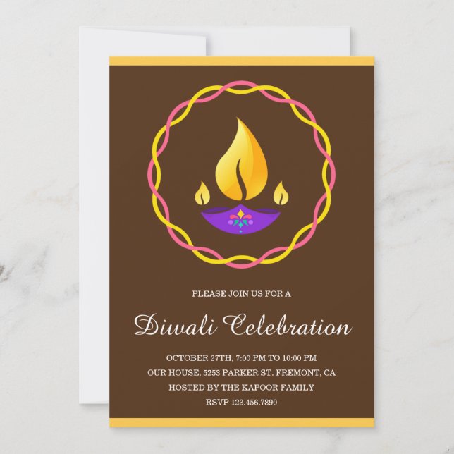 Elegant Indian Diya Lamp Brown Diwali Party Invitation (Front)