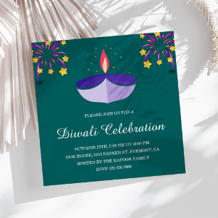 Elegant Indian Diya Lamp Teal Diwali Party Invitation