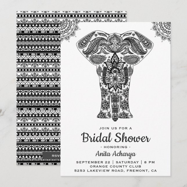 Elegant Indian Henna Elephant Bridal Shower Invite (Front/Back)