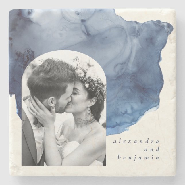 Elegant Indigo Abstract Watercolor Wedding Photo  Stone Coaster (Front)