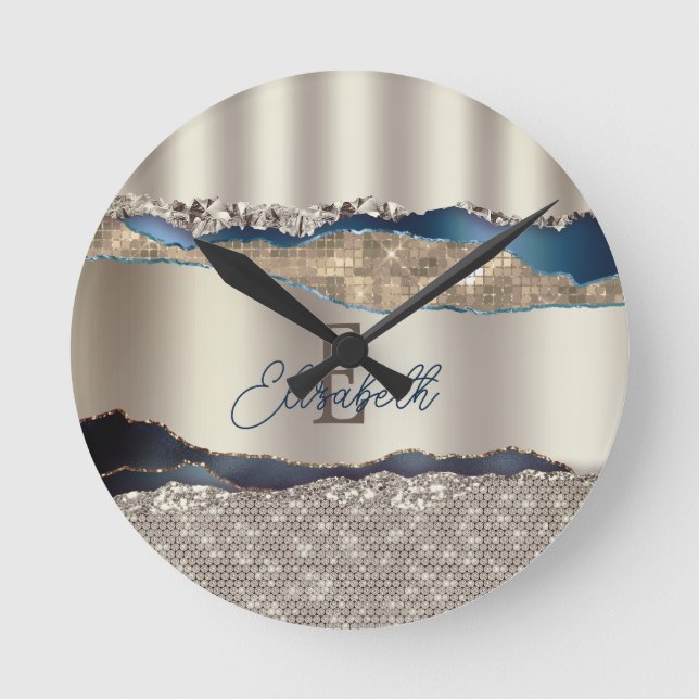Elegant Indigo Blue Agate Sequins  Round Clock (Front)