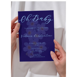 Elegant Indigo Blue Oh Baby Script Floral Photo Invitation