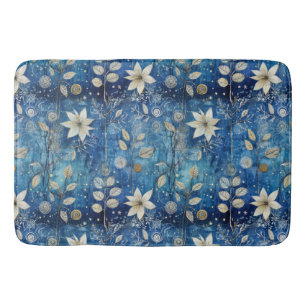 Elegant Indigo Blue Winter Botanical Bath Mat