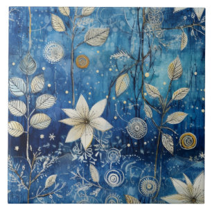 Elegant Indigo Blue Winter Botanical Tile