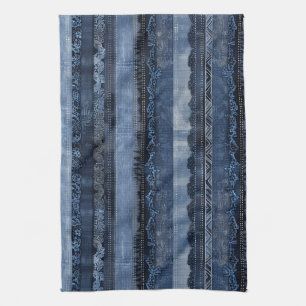 Elegant Indigo Lace Stripe Denim Pattern Kitchen Towel