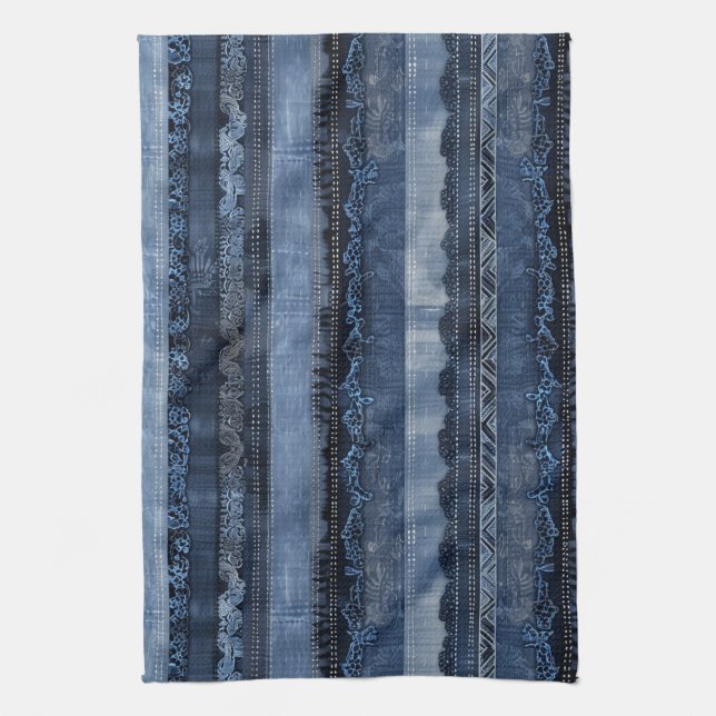 Elegant Indigo Lace Stripe Denim Pattern Kitchen Towel (Vertical)