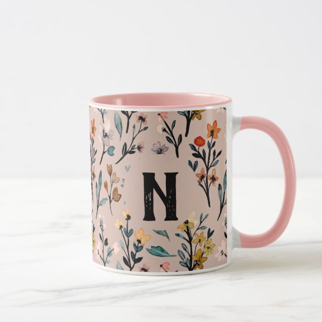 Elegant initial Feminine Floral pattern Pink girly Mug (Right)